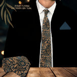 Modern Teal Gold Floral Pattern Monogram Tie<br><div class="desc">This golden elegant design on a blue teal background with a cute seamless watercolor gold floral pattern would make a great gift for him for many occasions. The pattern was carefully crafted/painted by hand. It also has a monogram to make it a customisable necktie. The monogram was made small on...</div>
