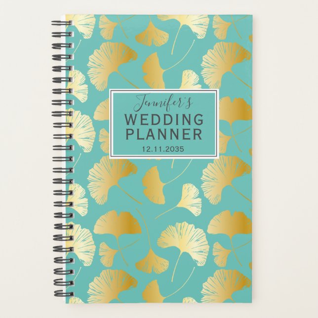 Modern Teal Gold Ginkgo Pattern Wedding Planner (Front)