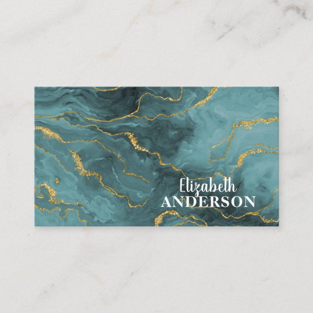 Modern Teal Gold Glitter Marble Agate Business Card (Front)