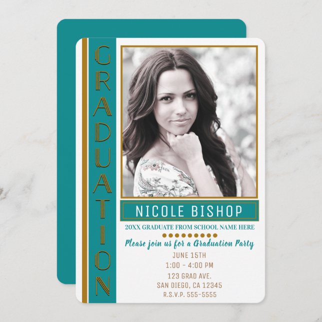 Modern Teal Gold Graduation Party Graduate Photo Invitation (Front/Back)