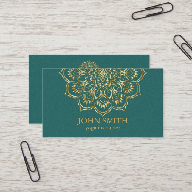 Modern Teal & Gold Mandala Yoga Instructor Business Card (Front/Back In Situ)