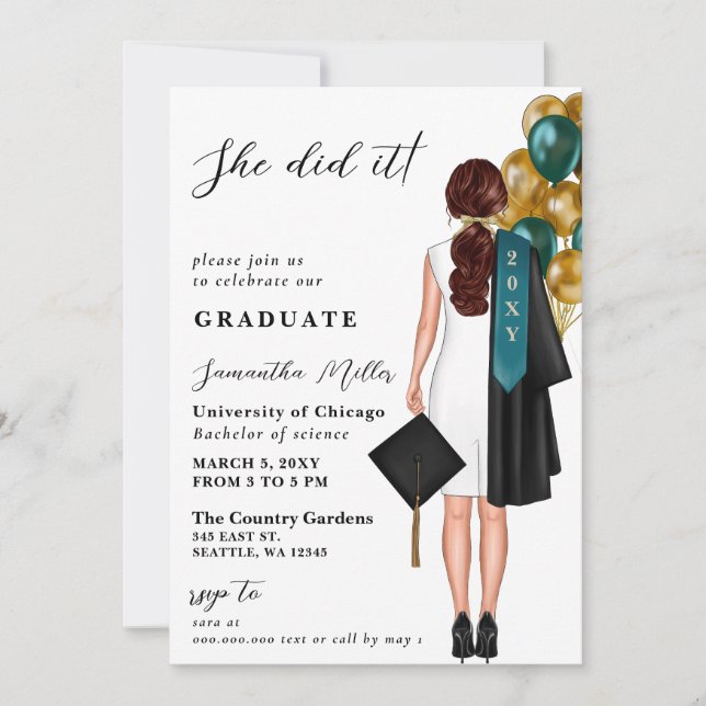 Modern Teal Gold Photo She Did It Graduation Invitation (Front)