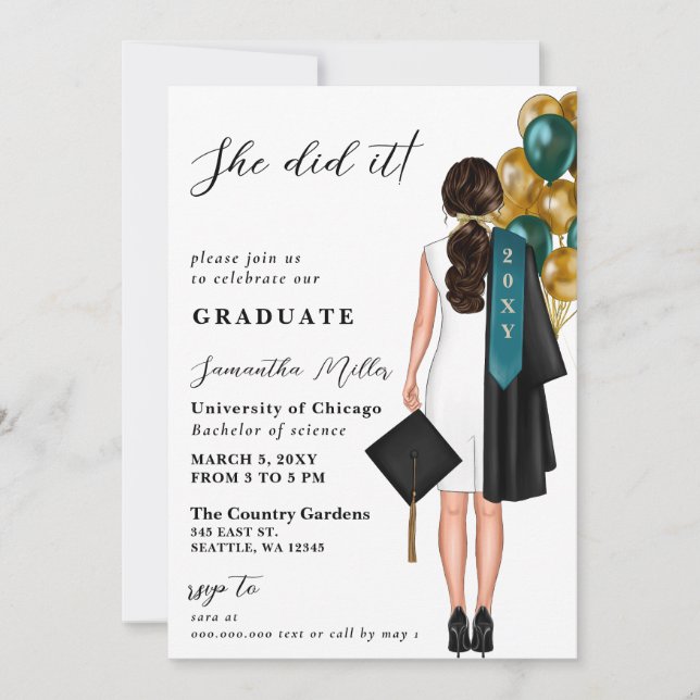 Modern Teal Gold Photo She Did It Graduation Invitation (Front)