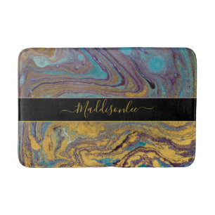Modern Teal Gold Purple Marble Agate Monogram Name Bath Mat