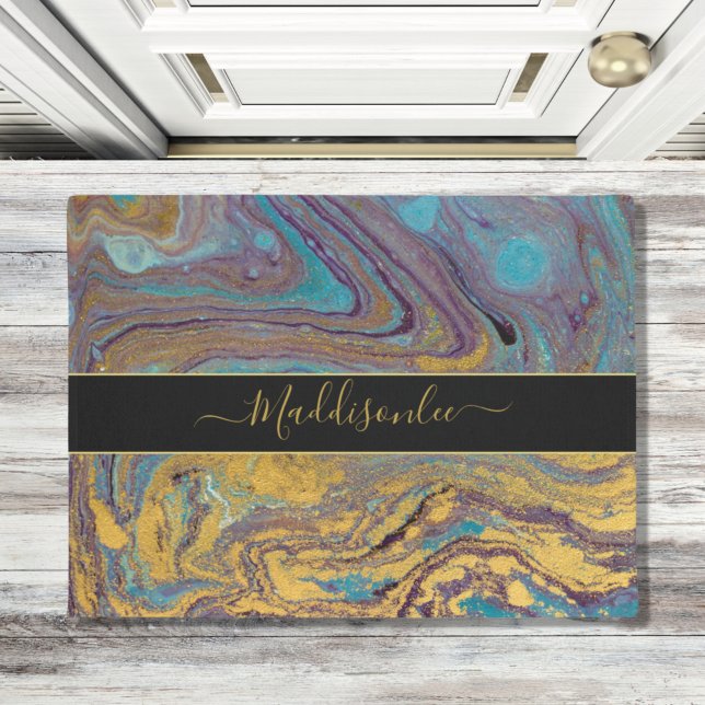 Modern Teal Gold Purple Marble Agate Monogram Name Doormat (Creator Uploaded)