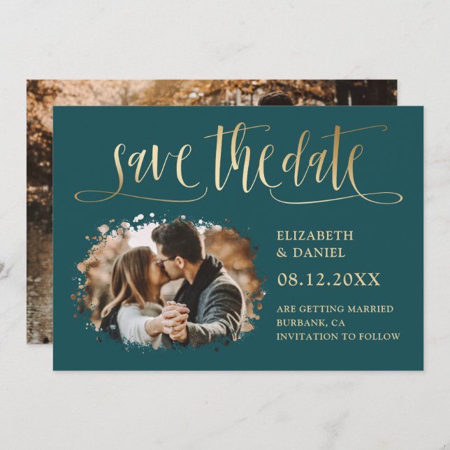 Modern Teal Gold Wedding Photo Save The Date (Front/Back)