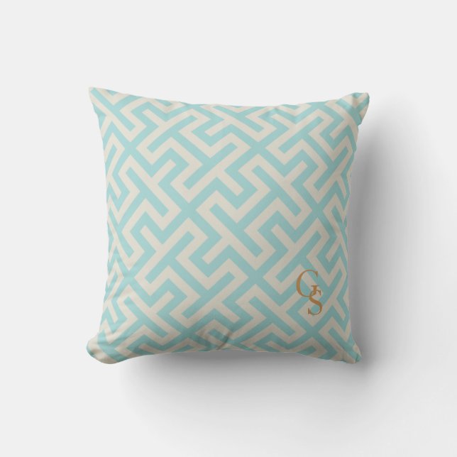 Modern teal greek key geometric patterns monogram cushion (Front)