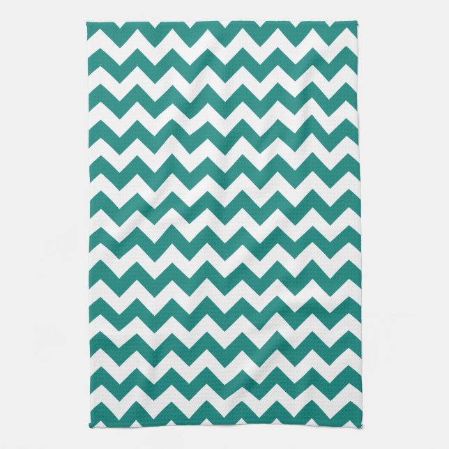 Modern Teal Green and White Chevron Zigzag Pattern Tea Towel (Vertical)