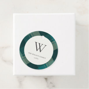 Modern Teal Green Blue Plaid Pattern Monogram Favour Tags