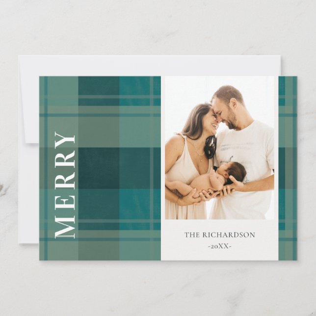 Modern Teal Green Blue Plaid Photo Merry Christmas Holiday Card (Front)