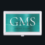 Modern Teal Green Brushed Metal 3 Monogram Script Business Card Holder<br><div class="desc">Modern Elegant Teal Green Brushed Metal Monogram Script Business Card Case</div>