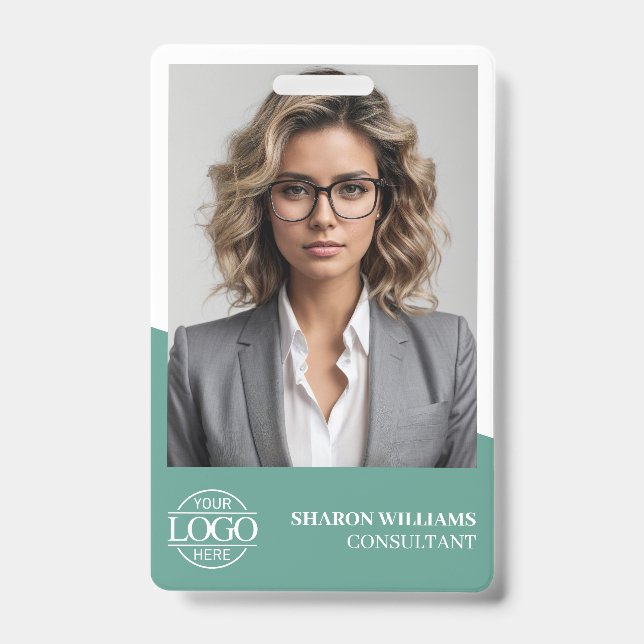 Modern Teal Green Employee Photo Company Logo ID Badge (Front)