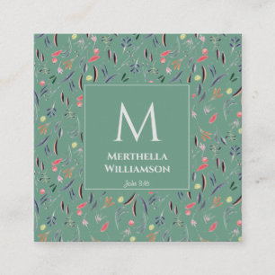 Modern Teal Green Floral MONOGRAM Square Business Card