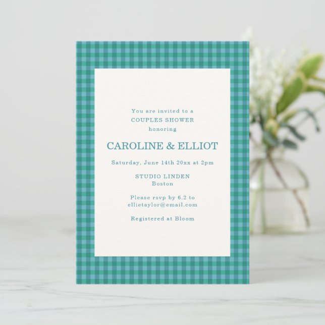 Modern Teal Green Gingham Plaid Couples Shower Invitation (Standing Front)