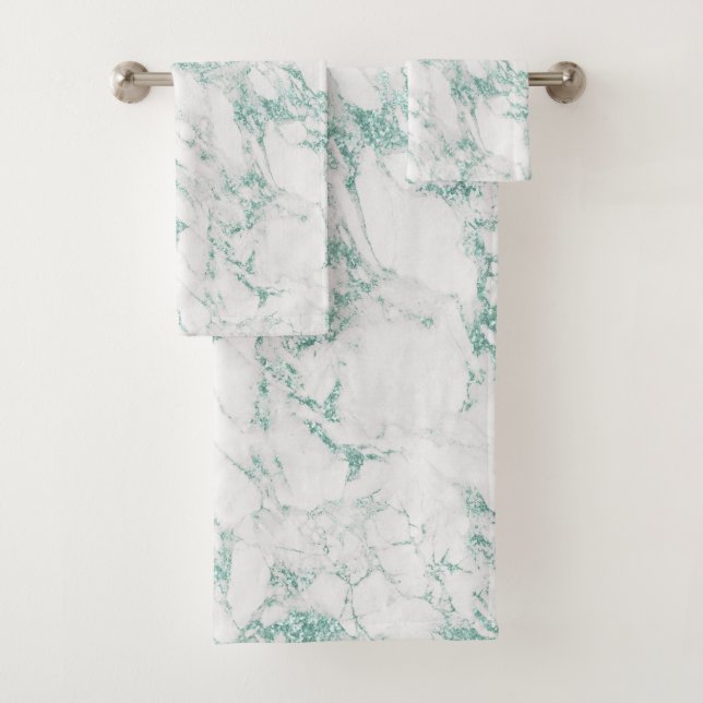Modern Teal Green Glitter Metal Foil White Marble Bath Towel Set (Insitu)
