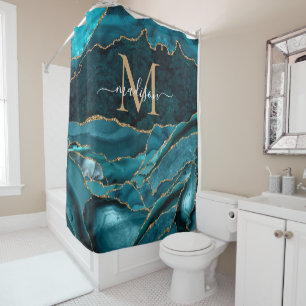 Modern Teal Green Gold Agate Geode Monogram Glam Shower Curtain