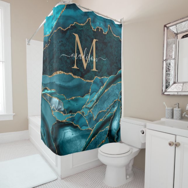 Modern Teal Green Gold Agate Geode Monogram Glam Shower Curtain (In Situ)