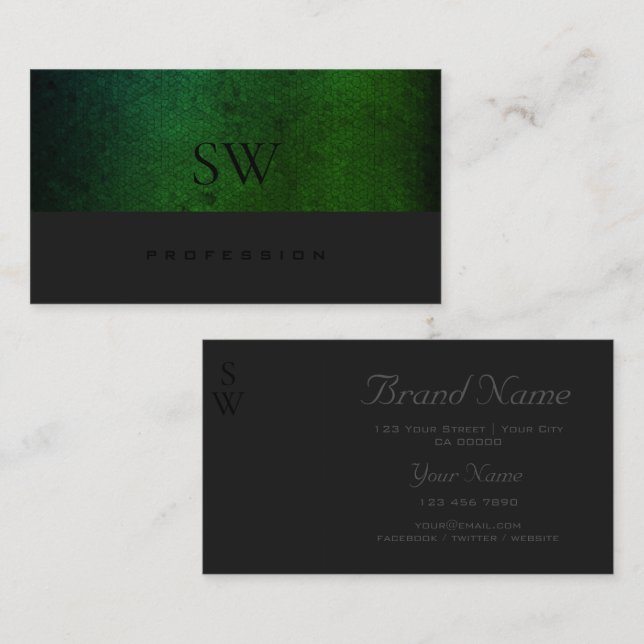Modern Teal Green Gradient Dark Grey with Monogram Business Card (Front/Back)