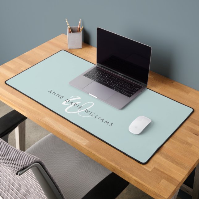 Modern Teal Green White Script Monogram Desk Mat (Office 2)