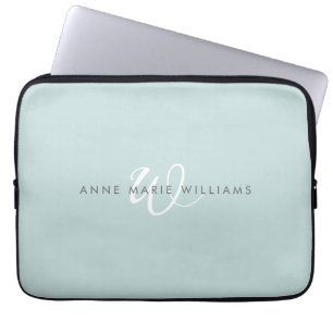 Modern Teal Green White Script Monogram Laptop Sleeve