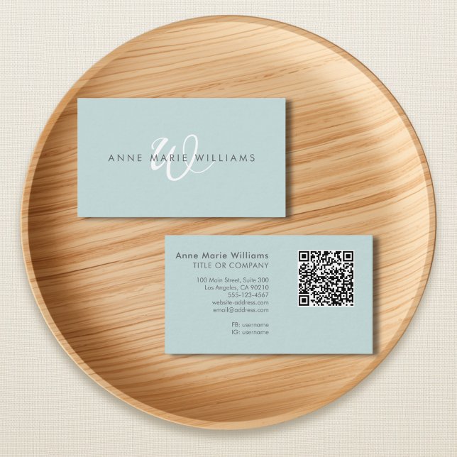 Modern Teal Green White Script Monogram QR Code Business Card (Creator Uploaded)