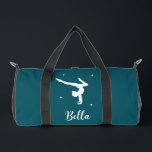 Modern Teal Gymnastics Dance Fitness Duffle Bag<br><div class="desc">This modern teal gymnastics duffle bag features the silhouette of a gymnast alongside your custom name in elegant script typography. Perfect for kids who love tumbling, as a fitness bag or for dance lessons. Personalise it with your name and utilise the editing tool to adjust the font size to fit...</div>