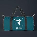 Modern Teal Gymnastics Dance Fitness Duffle Bag<br><div class="desc">This modern teal gymnastics duffle bag features the silhouette of a gymnast alongside your custom name in elegant script typography. Perfect for kids who love tumbling, as a fitness bag or for dance lessons. Personalise it with your name and utilise the editing tool to adjust the font size to fit...</div>