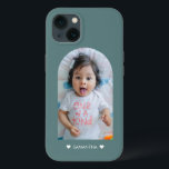 Modern Teal Hearts Name Arch Family Photo iPhone 13 Case<br><div class="desc">A modern and simple phone case to keep your loved ones always close to you - featuring your image and name of choice. Perfect for parents or as a gift for grandparents. Modern teal green background but all colours can be changed.</div>