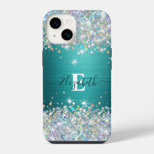 Modern Teal Holographic Faux Glitter Monogram iPhone 14 Case
