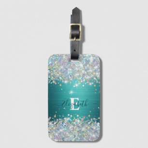 Modern Teal Holographic Faux Glitter Monogram Luggage Tag