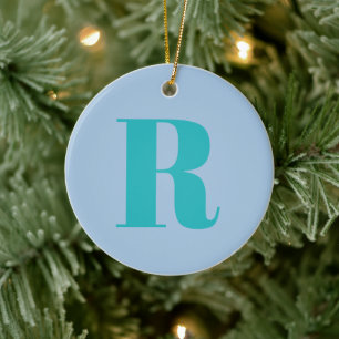 Modern Teal Letter   Monogram Initial Trendy Blue Ceramic Tree Decoration