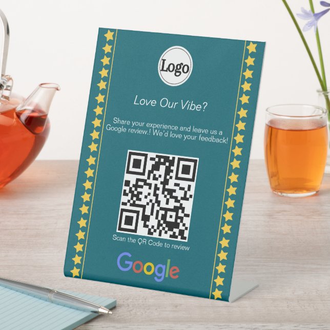 Modern Teal Logo Rating Google Review QR Code Pedestal Sign (In SItu)