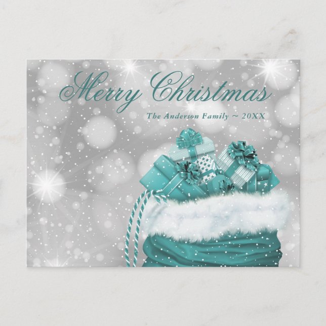 Modern Teal Merry Christmas Snow Presents Holiday Postcard (Front)