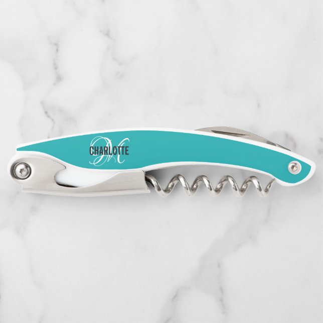 Modern Teal monogram name Corkscrew (Front)