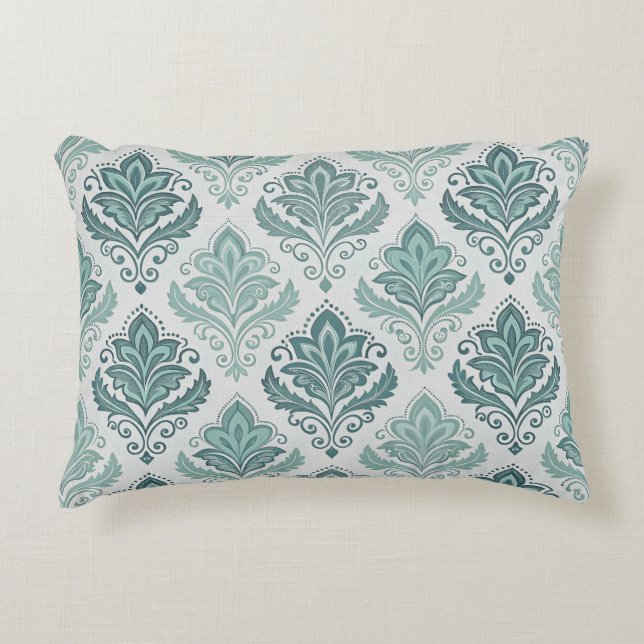 Modern Teal Nordic Damask Decorative Cushion (Front)
