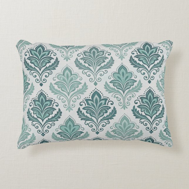 Modern Teal Nordic Damask Decorative Cushion (Front)