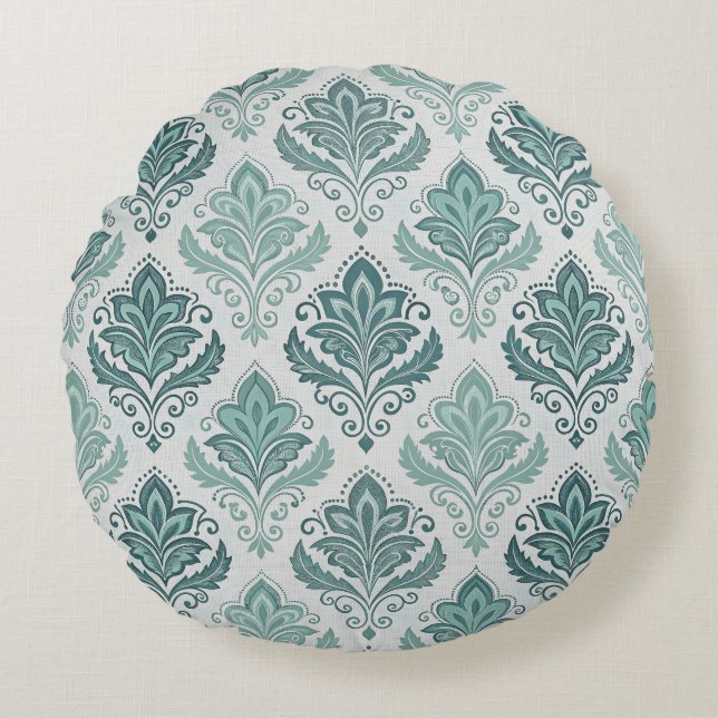 Modern Teal Nordic Damask Round Cushion (Front)