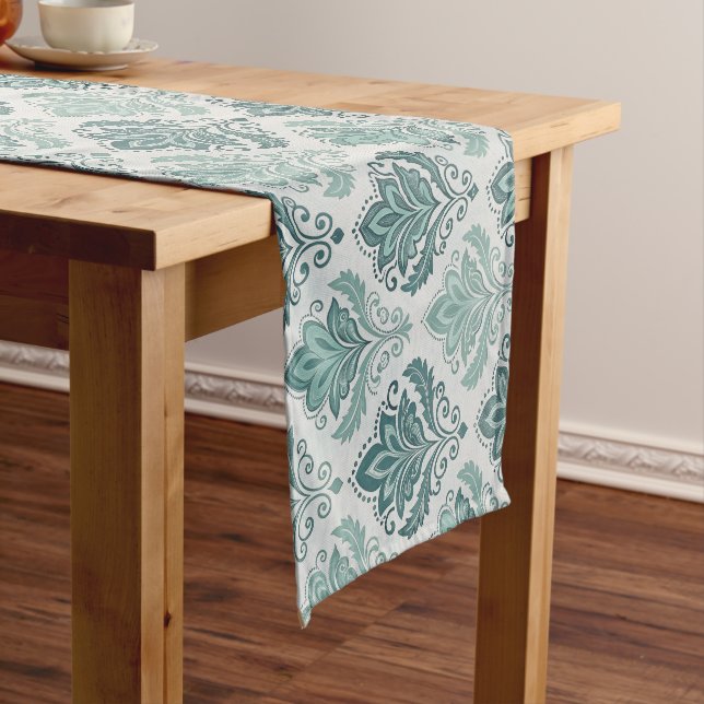 Modern Teal Nordic Damask Short Table Runner (In Situ)