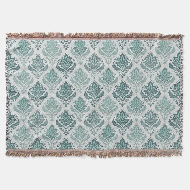 Modern Teal Nordic Damask Throw Blanket (Front)
