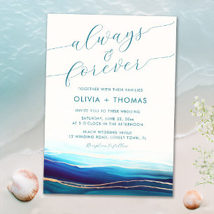 Modern Teal Ocean Always Forever Beach Wedding Invitation