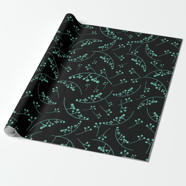 Modern teal on black berries illustration pattern wrapping paper (Unrolled)