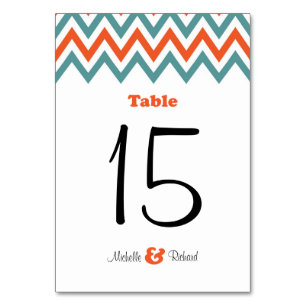 Modern Teal & Orange Chevron & Lovebirds Wedding Table Number