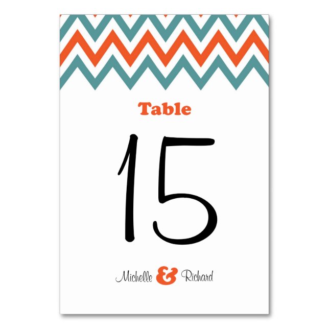 Modern Teal & Orange Chevron & Lovebirds Wedding Table Number (Front)