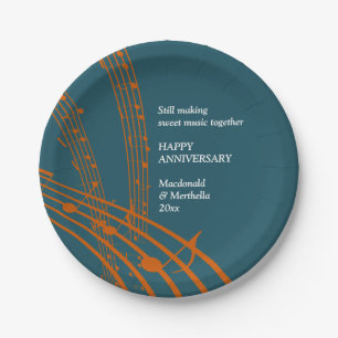 Modern Teal Orange SWEET MUSIC Happy Anniversary Paper Plate