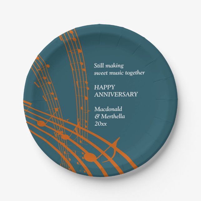 Modern Teal Orange SWEET MUSIC Happy Anniversary Paper Plate (Front)