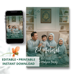 Modern Teal Overlay Family Photo Eid Mubarak Card