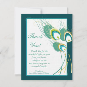 Modern Teal Peacock Wedding Flat Thank You Card