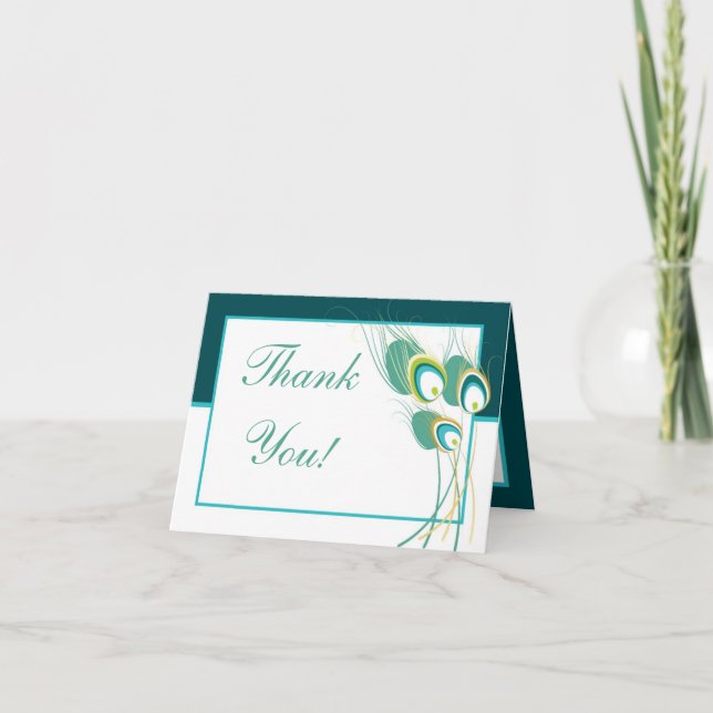 Modern Teal Peacock Wedding Folded Thank You Card (Front)