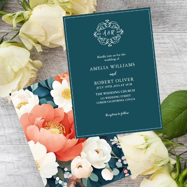 Modern Teal peonies Floral Wedding Invitation (Creator Uploaded)