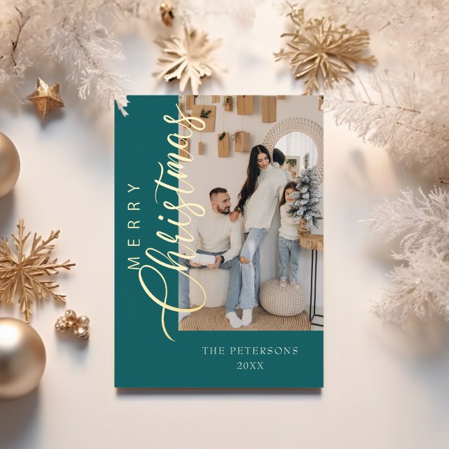 Modern Teal Photo Christmas Greeting Gold (Modern Teal Photo Christmas Greeting Gold Foil Holiday Card with golden Christmas decoration.)